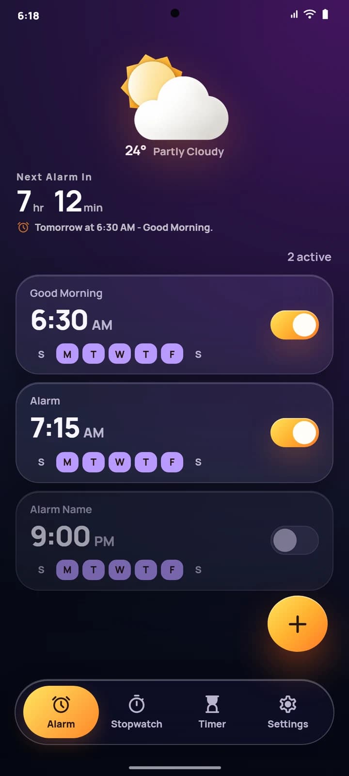 SmartRise Android app showing morning weather, upcoming alarm, and recurring alarms in the Horizon dark theme